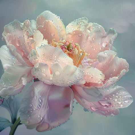 Dew-kissed Blossom: Close-up image of a dew-kissed flower with delicate petals shimmering under a soft light. #flower #dew #petals #bloom #close-up #botany #nature #beauty #aiart #aiphoto #stockcake https://ayr.app/l/dLuq Close Up Flower Painting, Flowers Close Up, Nature Moodboard, Natural Forms Gcse, Weird Obsessions, Dior Pants, Wet Flowers, Flower Close Up, Texture Photography