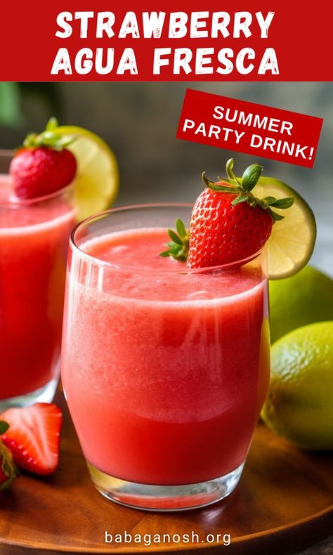 Summer Drinks For A Crowd, Agua Fresca Strawberry, Strawberry Agua Fresca Recipe, Strawberry Agua Fresca, Summer Party Drink, Agua Fresca Recipe, Strawberry Drink, Fresh Strawberry Recipes, Strawberry Water