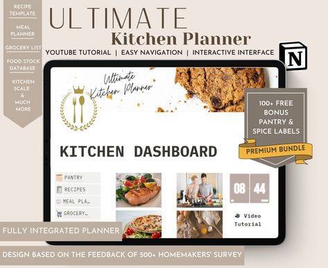 Notion Template, Ultimate Kitchen Planner, We Free Pantry Labels, Pantry Stock, Free Pantry, Canva Video, Life Planner Organization, Notion Dashboard, Notion Planner, Kitchen Planner, Ultimate Kitchen