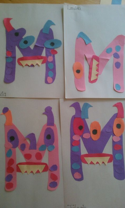 Letter M monsters :) #preschool #crafts #letter m Letter Mm Activities, Kindergarten Butterfly, Preschool Letter M, M Crafts, Letter M Crafts, Letter M Activities, Crafts Butterfly, Preschool Letter Crafts, Teach The Alphabet