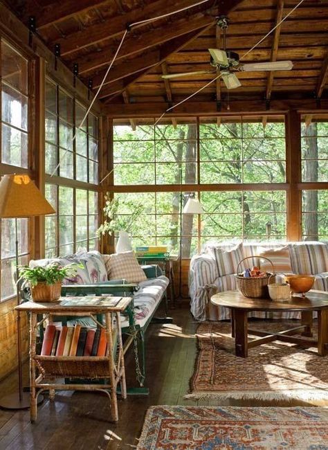 Porch Bungalow Camping, Lake House Porch, Sleeping Porch, Casa Vintage, Beautiful Rooms, House With Porch, Cabin In The Woods, A Living Room, Style At Home