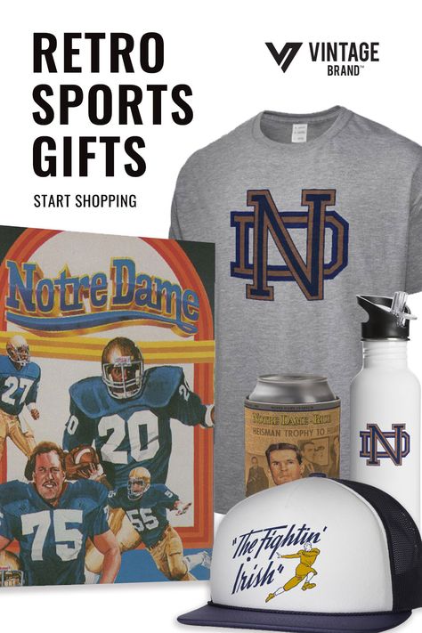 Vintage Brand University of Notre Dame sports memorabilia is perfect for the college football game day experience and tailgate party. Find your favorite Notre Dame Fighting Irish mascot or logo on an assortment of products including, t-shirts, Koozies, water bottles, hats, canvas and more. Vintage Brand has a wide selection of sports gifts, memorabilia and man cave decor perfect for the ultimate University of Notre Dame fan. Shop the Vintage Brand Fighting Irish fan shop for your favorite sports Notre Dame Gifts, College Party Games, College Gameday Signs, Game Day Quotes, College Gameday Outfits, College Football Games, College Games, College Parties, College Game Days