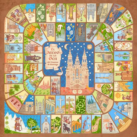 Game of the Goose (La Oca del Camino de Santiago) on Behance Board Game Template, Printable Board Games, Mid Century Illustration, Board Game Design, Vintage Board Games, Dungeons And Dragons Dice, The Goose, Paper Games, Video Game Development