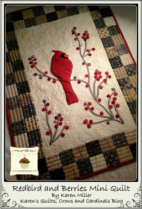 Redbird and Berries - Grow Your Blog - and a Giveaway! Xmas Quilts, Quilting Digest, Moda Bake Shop, Bird Quilt, Miniature Quilts, Winter Quilts, Doll Quilt, Red Bird, Wall Quilts