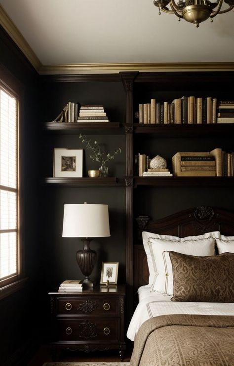 Classy Dark Bedroom Ideas, Dark Academia Bedroom Wall Color, Antique Bedroom Ideas Vintage Dark, Dark Colonial Bedroom, Black Academia Bedroom, Wall Molding Behind Bed, Vintage Dark Bedroom Aesthetic, Small Bedroom Dark Academia, Academia Light Aesthetic