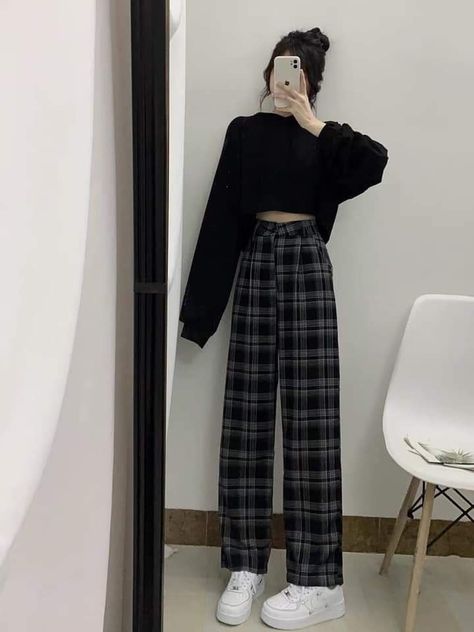 Korean Trousers Outfit Women, Plaid Trousers Outfit, Korean Outfit Street Styles, Korean Casual Outfits, Everyday Fashion Outfits, Korean Fashion Dress, Casual Day Outfits, Tomboy Style Outfits, Elegante Casual