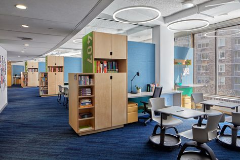 he Calhoun School wanted to upgrade and modernize their school, providing better illumination for the students and faculty, without feeling institutional. With different programming areas, such as lounges, labs, classrooms and meeting rooms, The Lighting Practice utilized a variety of lighting strategies to provide active and restorative moments. Ring pendants in the perimeter classrooms complement the curved facades of the school and create a unique, contemporary learning space. Faculty Room, Lighting Practice, Student Lounge, Wells Fargo Center, Meeting Rooms, Learning Spaces, Meeting Room, Facades, Lighting Design