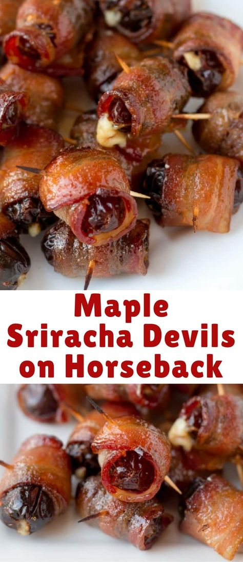 Maple Sriracha, Devils On Horseback, Bacon Appetizer, Bacon Recipes Appetizers, Dates Stuffed, Appetizers Ideas, Blue Cheese Recipes, Healthy Superbowl Snacks, Wrapped In Bacon