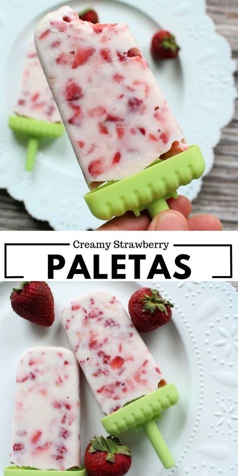 Mexican Popsicles Recipe, Strawberry Paletas Recipe, Mexican Paletas Recipe, Mexican Popsicles, Paletas Recipes, Creamy Popsicles, Frozen Treats Recipes, Strawberry Popsicles, Fruit Popsicles