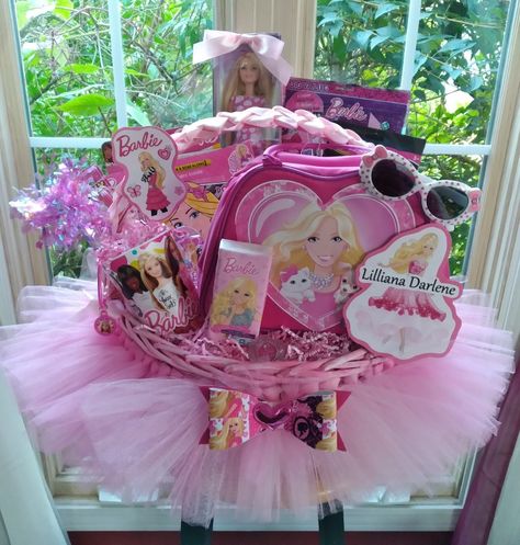 Barbie Theme Gift Hamper, Barbie Hampers, Barbie Easter Basket Ideas, Barbie Gift Basket, Barbie Basket, Barbie Easter Basket, Princess Gift Basket, Silk Flower Centerpieces, Minnie Mouse Invitations