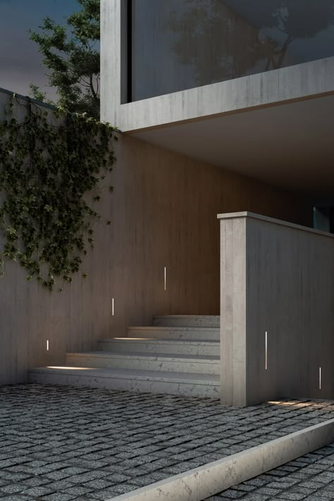 Concrete Homes Exterior, Concrete Step Lights, Retaining Wall Lighting, Dior House, Outdoor Recessed Lighting, Stairs Lighting, Patio Stairs, Perimeter Lighting, Modern Mediterranean Homes