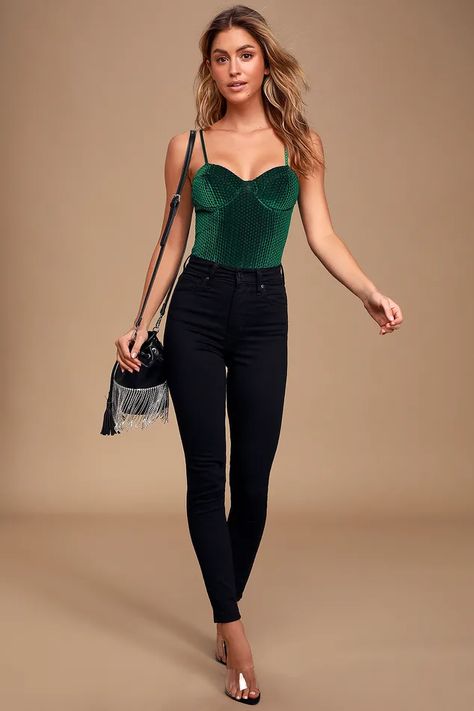 Velvet Body Suit, Velvet Bustier, Bustier Bodysuit, Emerald Green Velvet, Hot Blouse, Green Bodysuit, Flirty Tops, Velvet Bodysuit, Holiday Outfit