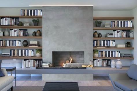 Tall Fireplace Wall High Ceilings Shelves, Modern Fireplace With Bookshelves, Modern Fireplace Bookshelves, Library Fireplace Modern, Chimney Bookshelves, Fireplace Library Wall, Bookshelf And Fireplace, Modern Fireplace With Shelves, Bookshelf Fireplace Wall