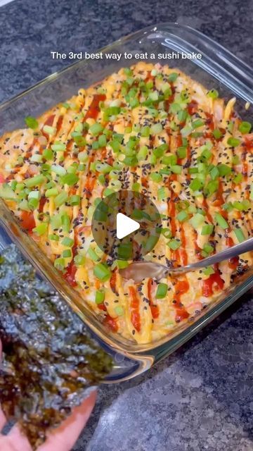 2.2M views · 150K likes | Sharing Delicious Food on Instagram: "SUSHI BAKE 🍣  Makes 3-5 serving  1/2 lb salmon, seasoned to preference  1/2 lb imitation crab, shredded & cut into smaller pieces 3 oz cream cheese 1/4 cup Japanese mayo  1 TBSP sriracha 2-3 cups cooked rice 2 TBSP rice vinegar Furikake / shredded seaweed  1. Season salmon to preference. I seasoned mine with garlic powder, salt & black pepper. And then airfry at 400 for 9 mins. If your salmon is thicker, you may have to cook more  2. Then shred salmon and add it into your shredded imitation crab.   3. Then add the rest of your ingredients: cream cheese, Japanese Mayo & sriracha. Combine well and set aside.   4. Combine 2-3 cups of cooked rice with 2 TBSP rice vinegar. Mix well. Then pour rice into an oven safe dish and flatte Season Salmon, One Pot Rice Meals, Satisfying Cleaning, Japanese Mayo, Crab Sushi, Sushi Rice Recipes, Sushi Recipes Homemade, Sushi Bake, Easy Sushi