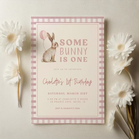 Some Bunny is One Birthday Invitation Template | Editable Girl 1st Birthday Pink Printable Invite | Bunny Rabbit First Birthday S732 Some Bunny Is One Birthday, Pink Bunny 1st Birthday, Butterfly 1st Birthday Invitations, Bunny Theme Invitation, Somebunny Is Turning One Invitations, Some Bunny Is Two Invitation, Bunny Party, Turning One, First Birthday Invitations