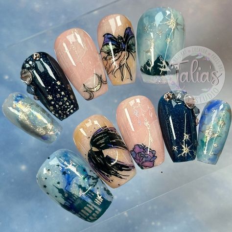 ACOTAR themed set of press on nails . Client choose the “I know what I want booking” Products Used: Gel Polish: KoKo & Claire: 219, 228, 519, 370, 227, 516, 211, 384, 268, 281, 283 @kokoandclaire #taliadidmynails #taliasnailstudio #pressonscanada #athomenails #canadapressons #acotarpressonnails #fairynails #uniquepressonanils #acotarnails Book Themed Acrylic Nails, Book Theme Nails, Book Themed Nails, Acotar Nail Art, Bookish Nails, Acotar Nails, Book Nails, Nail Studio, What I Want