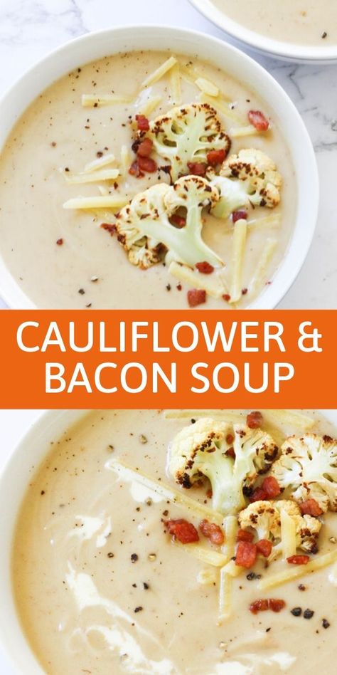 Cauliflower And Bacon Soup Recipes, Keto Creamy Cauliflower Soup With Bacon, Cauliflower And Bacon Soup, Bacon And Cauliflower Recipes, Creamy Cauliflower Soup With Bacon, Food Processor Soup Recipes, Soups And Stews Comfort Foods, Cauliflower Soup With Bacon, Bacon Bits Recipes