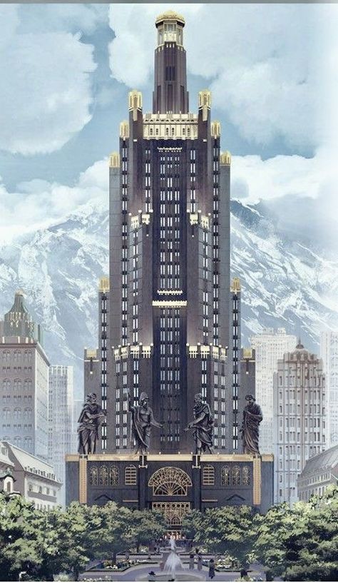 Modern Building Concept Art, Skyscraper Concept Art, Fantasy Skyscraper, Neofuturism Architecture, Retrofuturism Design, Futuristic Skyscraper, Structural Expressionism, Art Deco Skyscraper, Art Deco City