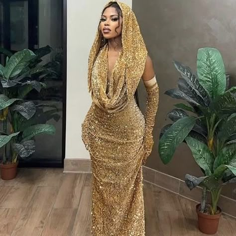 Gold Gala Dress Long, Full Coverage Prom Dress, Nigerian Prom Dress Gold, Gold Dress Birthday Outfit Black Woman, Gold Outfits For Women Classy, Gold Dress Black Woman Birthday, Gold Dresses Black Women, Gala Dresses Black Women, Gold Birthday Dress Black Women