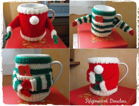 Des pulls de Noël pour mug . - Réginou et Doudou Quirky Christmas Gifts, Easter Tree Diy, Mug Noel, Crochet Christmas Hats, Crochet Mug Cozy, Crochet Cup Cozy, Crochet Cozy, Crochet Xmas, Christmas Centerpieces Diy