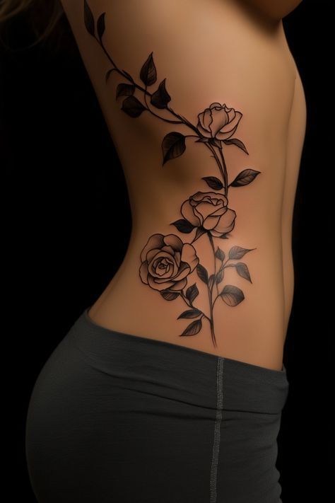 Thigh And Rib Tattoo, Flower Tattoo On Chest Female, Girls Thigh Tattoo Ideas, Rib Rose Tattoos For Women, Roses Rib Tattoo, Hip To Rib Tattoo, Side Tattoos Flowers, Hip To Rib Tattoos For Women, Women’s Tattoo Ideas Hip