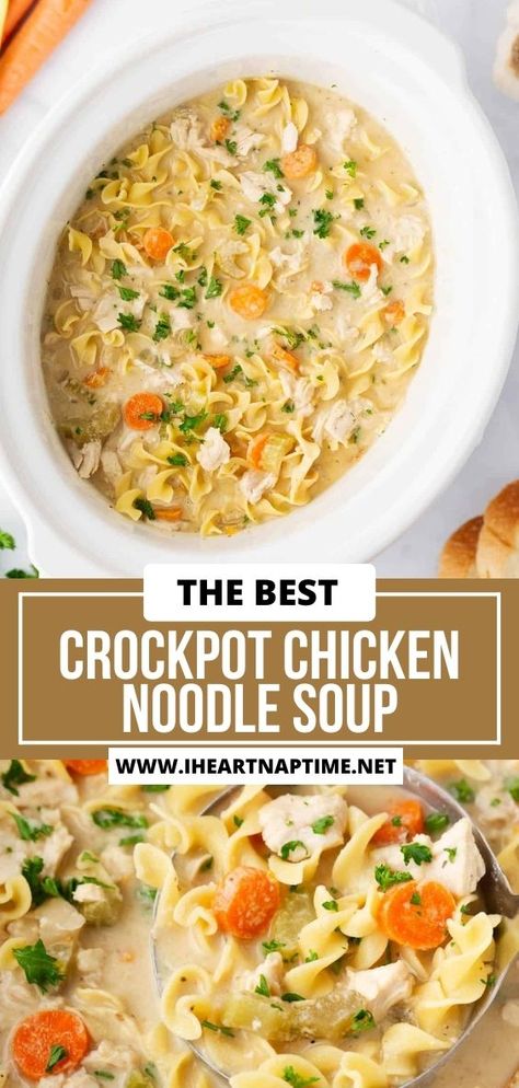 This crockpot chicken noodle soup is nourishing, flavorful and easy to make on a cold winter day. Nothing beats the taste of homemade chicken noodle soup! Homemade Chicken Noodle Soup Crockpot, Easy Crockpot Chicken Noodle Soup, Chicken Egg Noodle Soup, Chicken Soup Recipes Crockpot, Crockpot Chicken Noodle Soup Recipes, Crockpot Chicken Noodle Soup, Best Crockpot Chicken, Easy Crockpot Soup, Slow Cooker Chicken Noodle Soup