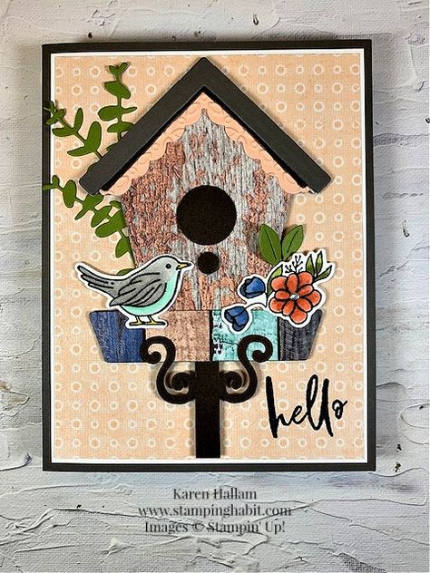 Country Birdhouse (with DSP) Country Birdhouse Cards, Stampin Up Country Birdhouse Cards, Stampin Up Country Birdhouse, Country Birdhouse Stampin Up Cards, Create Paper Flowers, Birdhouse Cards, Make A Paper Flower, Country Flowers, Bird Stamp