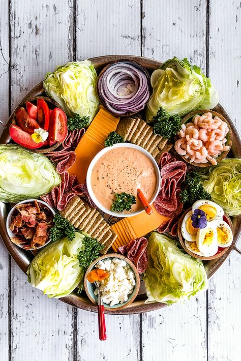 Shrimp Wedge Salad Charcuterie Board #shrimpsalad #wedgesalad #wedgesaladcharcuterie Salad Charcuterie Board, Appetizer Tree, Food Charcuterie Board, Soft Boiled Eggs Recipe, Dinner Boards, Wedge Salad Recipes, Salad Board, Boiled Egg Recipes, Charcuterie Meats