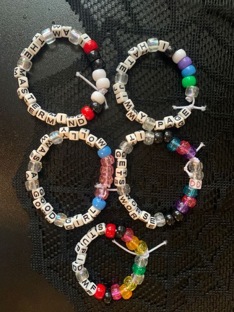 so... random, but i thought i would show you guys all of my msi inspired album bracelets i made! and no, i couldnt make pink because i dont have anymore black 😔 Msi Bracelets, Slipknot Beaded Bracelet, My Chemical Romance Bracelet, Pierce The Veil Kandi Bracelets, Emo Kandi Bracelets, Mcr Kandi Bracelets, Mcr Bracelet, Album Bracelets, Jimmy Urine