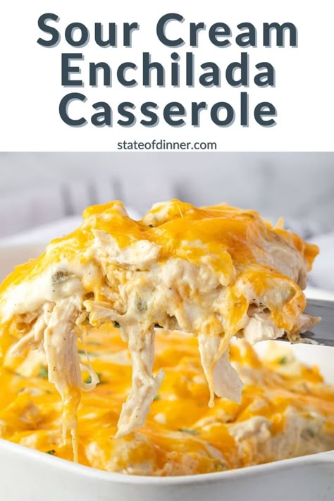 Sour Cream Chicken Enchilada Casserole has every flavor you want in a Mexican chicken dinner. It is a cheesy, creamy, layered casserole and you get the taste of enchiladas without having to mess with rolling up tortillas! White Chicken Casserole, Cheesy Enchiladas Chicken, Layered Enchiladas Casserole, Chicken Enchiladas Without Tortillas, Chicken Enchilada Casserole With Cream Cheese, Sour Cream Green Chili Chicken Enchilada Casserole, Layered Chicken Enchiladas, Sour Cream Chicken Enchilada Recipe With Cream Of Chicken Soup, Sour Cream Chicken Enchilada Recipe With Corn Tortillas