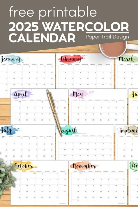 Print our 2025 horizontal watercolor calendar for free and save money on your 2025 planner Undated Calendar Printables Free, Free Calendar Printables 2025, 2025 Cute Calendar Printable Free, 2025 Free Printable Calendar, 2025 Printable Calendar Free, Free School Planner Printables, Free School Planner, School Planner Printables, Calendars Design