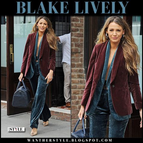 Blake Lively in burgundy velvet blazer and dark blue velvet pants #celebrity #hollywood #fashion #style #fall #outfit #trend #velour Oversized Velvet Blazer Outfit, Burgundy Velvet Blazer Outfits, Red Velvet Blazer Outfit Women, Blue Velvet Pants Outfits, Velvet Blazer Outfit Women, Burgundy Blazer Outfit Woman, Blazer And Jeans Outfit Women, Velvet Leggings Outfit, Burgundy Blazer Outfit