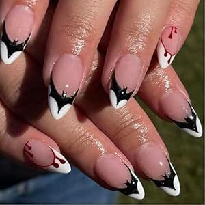 Halloween Press On Nails - Short Almond Nails - Elegant White French Tip Nails - Funny Black Bat Pattern False Nails Black Nails - Stick On Nails By Glue For Manicure DIY Nails To Buy, Acrylic Halloween Nails, Spooky Nail Art, Black French Tip Nails, Fake Acrylic Nails, Spooky Nail, Bat Nails, Halloween Nails Diy, Black French Tip