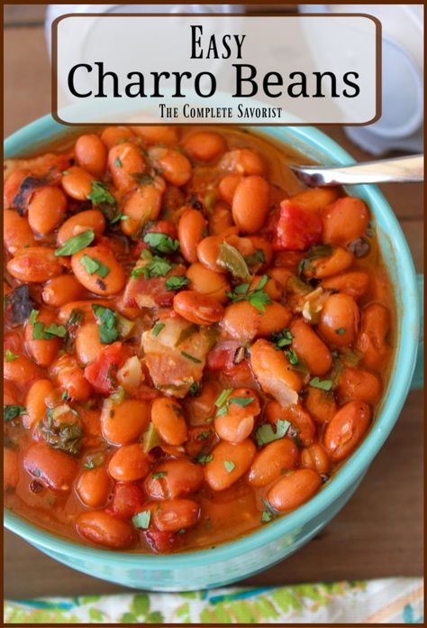 Authentic Mexican Beans, Easy Charro Beans, Mexican Beans Recipe, Mexican Beans, Charro Beans, Beans And Tomatoes, Bean Recipe, Bacon Tomato, Canned Beans