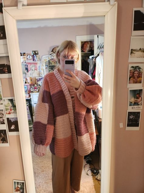 https://www.etsy.com/listing/1059360216/patchwork-cardigan-cute-crochet-pattern Pink Patchwork Cardigan, Oversized Patchwork Cardigan, Crochet Cardigan Outfit Aesthetic, Green Patchwork Cardigan, Patchwork Cardigan Outfit, Patchwork Cardigan Crochet Pattern, Easy Crochet Cardigan Pattern Free, Patchwork Crochet Sweater, Patchwork Crochet Cardigan