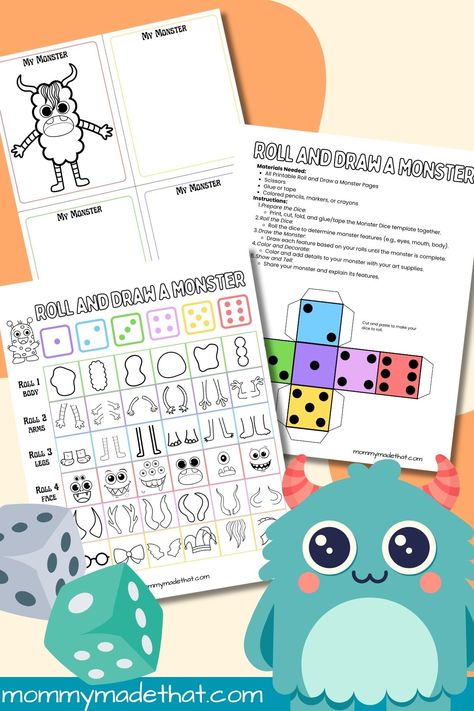 Roll Roll A Monster Free Printable, Roll And Draw Free Printables, Roll A Monster, Origami Printables, Roll And Draw, Draw A Monster, Make Your Own Monster, Monster Activities, Free Printable Crafts