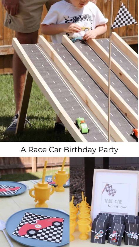 Race Car Themed Third Birthday Party - traditionallycozy.com Two Fast Car Theme Birthday, Can’t Catch Me I’m 3, Fast And Three Birthday, Cant Catch Me Im 3, Two Fast Birthday Party Boy, Two Fast, Two Fast Two Furious, Felix Birthday, Hotwheels Birthday Party