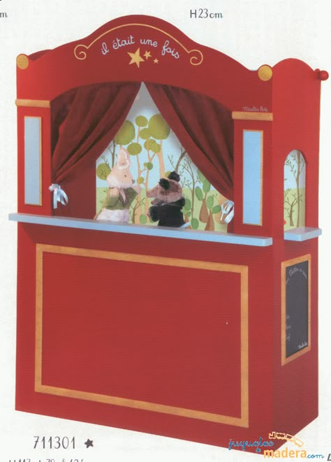 Teatro para títeres y marionetas Kids Puppet Theater, Theatre Diy, Puppet Stage, Red Velvet Curtains, Puppet Theaters, Wooden Puppet, Toy Theatre, Puppet Theatre, Puppet Theater