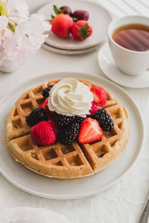 Earl Grey Waffles with Mixed Berries | Sift & Simmer Earl Grey Ice Cream, Matcha Waffles, Strawberry Compote, Pumpkin Waffles, Breakfast Waffles, Vanilla Whipped Cream, Breakfast Plate, Cherry Pie Filling, White Plate