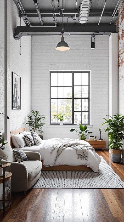 White Bedroom Ideas Industrial Loft Bedroom, Loft Flat, Loft Aesthetic, Rustic Farmhouse Bedroom, Painted Bricks, Restful Bedrooms, White Bedroom Ideas, White Loft, Sophisticated Bedroom