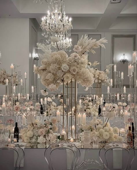 Mirrored Tables Wedding Reception, White And Clear Wedding Decor, Glitz And Glam Wedding Reception, Tall White Centerpieces Wedding, White Luxury Wedding Decor, Wedding Venues White And Silver, Wedding Dinner Table Setting, Wedding Cake, Gypsophila Wedding