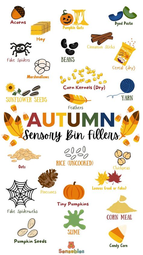 Autumn Sensory Bin, Diy Sensory Bin, Sensory Bin Fillers, Fall Sensory Bin, Toddler Sensory Bins, Fall Lesson Plans, Sensory Items, Diy Sensory, Halloween Sensory