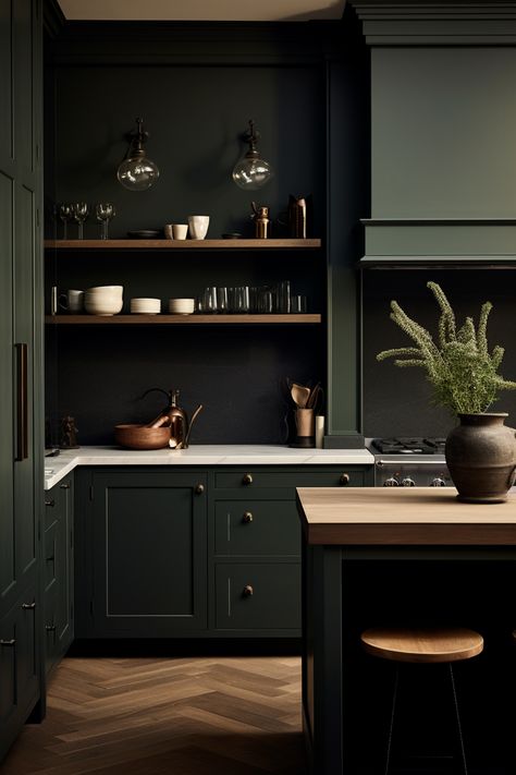 23 Green Kitchen Cabinet Ideas That're a Home Cook's Dream Bar Decoration Ideas, Dark Green Cabinets, Coffee Bar Decor Ideas, Green Kitchen Cabinet, Green Tile Backsplash, Olive Kitchen, Olive Green Kitchen, Dark Palette, Moody Kitchen