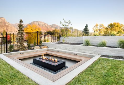 Gas Fire Pits - Contemporary - Patio - Salt Lake City - by Decorative Landscaping | Houzz Sunken Fire Pit With Seating, Fire Pit With Seating, Sunken Fire Pit, New Patio Ideas, Sunken Patio, Sunken Fire Pits, Patio Pictures, Backyard Seating Area, Outdoor Fire Pit Table