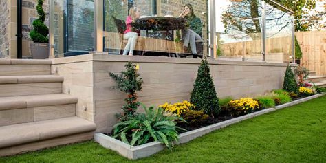 Garden Paving | Marshalls Paved Gardens, Arch Designs, Luxurious Garden, Raised Patio, Sandstone Wall, Natural Stone Veneer, Caramel Cream, Natural Stone Wall, Garden Paving