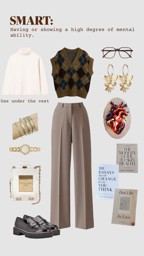 For my smart girlies, keep at it!🌕🗝️🖋️📝🤎…#darkacademia #lightacademia #smart #girl #woman #women #outfit #aesthetic #brown #vest #longsleeve #formal #books #bookworm #reading #tips #vintage #vibes #me #era # selfcare #independent #coco #channel #watches #gold #jewelry #selfimprovement #selfgrowth #girlboss #writer #reader #beige #yeah Writer Clothes Aesthetic, Outfit Ideas Vintage Classy, Book Worm Aesthetic Outfit, Smart Clothes Aesthetic, How To Dress Like A Writer, Reader Girl Aesthetic Outfit, Library Aesthetic Clothes, Bookworm Outfit Style, Book Reader Outfits