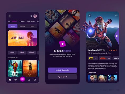 MoviesWatch - On-Demand Entertainment App (Cinema, Tv, Series) by Niranjan kumar Streaming Service Design, Cinema App Design, Movie App Ui Design, Manga Apps, Game App Ui, App User Interface, Unique Website Design, App Design Layout, Movie App