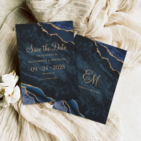 Elegant Navy Blue Agate Wedding Save the Date - navy gold save the date invitations Gala Save The Date Design, Blue Wedding Save The Date, Navy Save The Date, Us Navy Save The Date, Blue And Gold Save The Date, Gold Save The Dates, Agate Wedding, Invitation Wording, Champagne Wedding