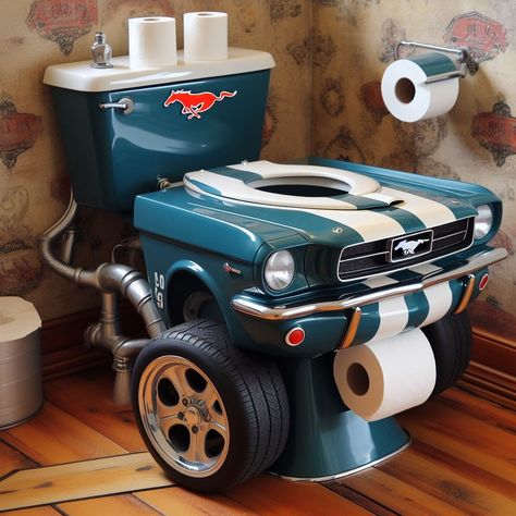 Transform Your Bathroom with a Mustang-Inspired Toilet: The Perfect Blend of Style and Functionality Custom Toilets, Unusual Toilets, Mustang Decor, Crazy Bathrooms, Futuristic Chair, Car Toilet, Cool Toilets, Plumbing Humor, Transformers Cars