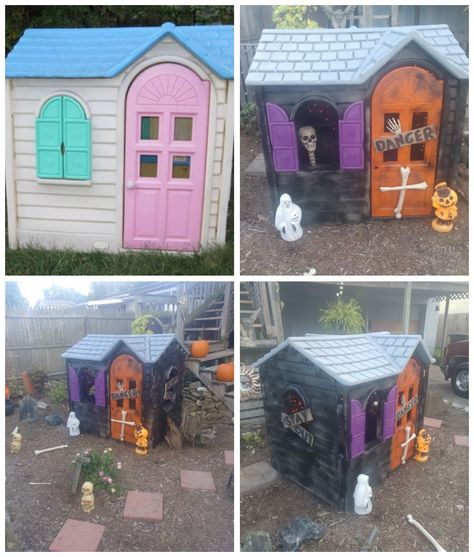 Little Tykes Play house transformed into haunted house. Used Krylon spray paint after pressure washing. Diy Halloween Playhouse, Halloween Little Tikes House, Playhouse Into Haunted House, Diy Haunted Playhouse, Little Tykes Halloween House, Playhouse Haunted House, Haunted House Playhouse, Haunted Playhouse Ideas, Diy Haunted House Ideas For Kids